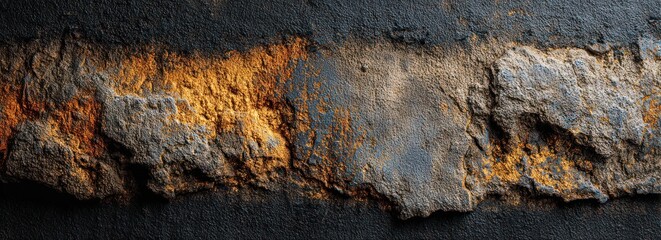 A gritty, textured stone strip displays orange and gray hues between dark, smooth borders, highlighting rough, irregular edges