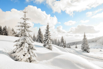 Obraz premium Sunlight illuminates snow-covered evergreen trees in a serene winter landscape, creating a picturesque and peaceful atmosphere