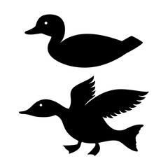 Two black duck silhouettes one flying one swimming silhouette