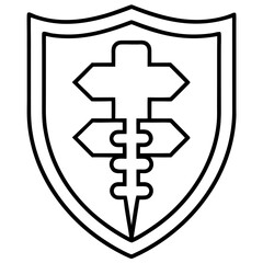 Shield with travel directions and location symbol offering wayfinding and exploration graphic design element