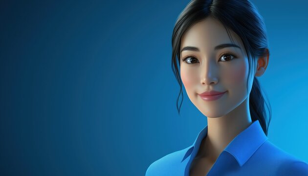 Elegant Asian Businesswoman Posing In Blue Setting - Professional Image With Graceful Appearance And Sophisticated Style - Cultural Representation In Business World.