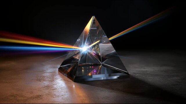 A beam of light passes through a glass pyramid prism and disperses into different directions, creating a bright spectrum of colorful rays