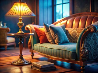 Macro Photography: Earthy Living Room, Curved Wooden Sofa, Brass Lamp, Book, Serene Interior Design