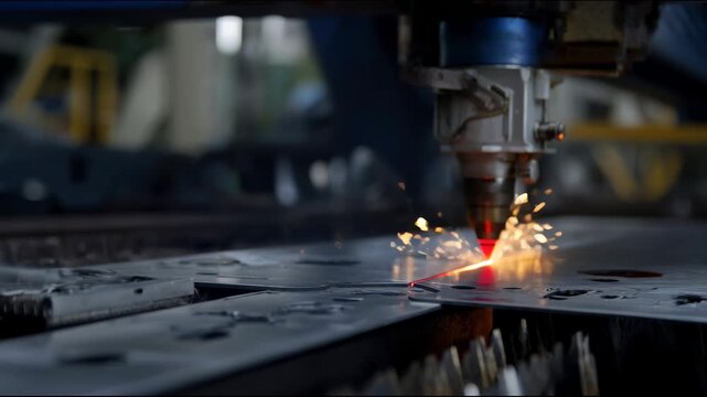 A laser machine carves a pattern on a metal surface, scattering bright sparks and leaving a glowing cutting line