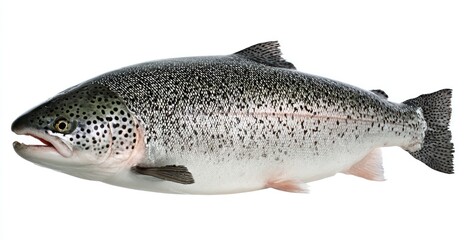 Obraz premium A glistening fish with speckled skin, silvery belly, and visible gills, isolated against a plain background in a side profile shot