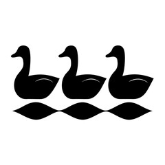 Three black swan silhouettes above wavy line silhouette