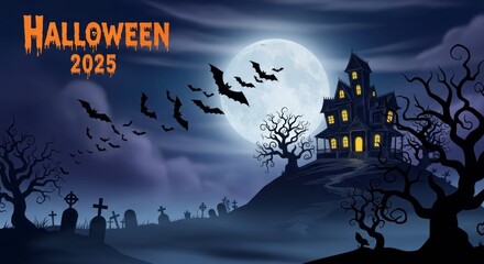 Fototapeta premium Spooky Halloween 2025 Scene with Haunted House and Bats.