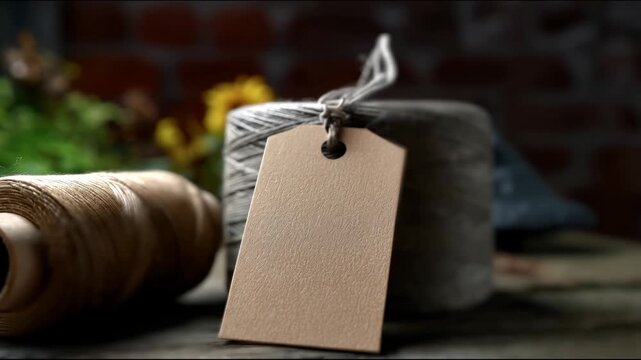 A spool of gray twine with an attached blank tag and a bobbin of beige thread lie on a wooden table with greenery and a sunflower in the background