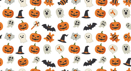 Spooky Halloween pattern with pumpkins, ghosts, bats, and candy for festive designs