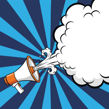 Pop art style megaphone with a blank white comic speech bubble for text.