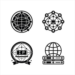 WAN, LAN, IP Address, and DNS Network Icons Set in Black Vector Style