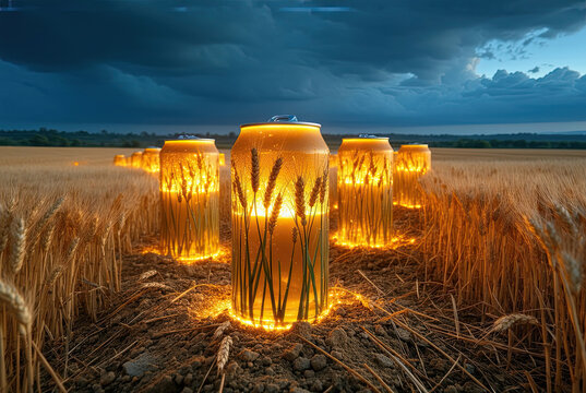 Large beer cans-shaped structures clearly mimic real beer cans that glow warmly in the evening light, swaying unharvested crop., symbolizing the transformation of grain into its final brew