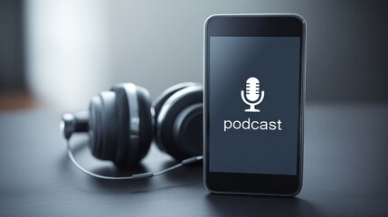 A sleek black smartphone displays a podcast icon, resting beside a pair of dark, over-ear headphones on a matte surface, minimalist lighting