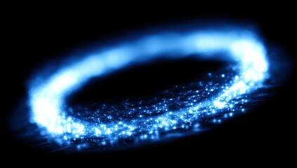 A vibrant blue ring of light trails, shimmering with particles, creates a captivating visual effect against a black backdrop.
