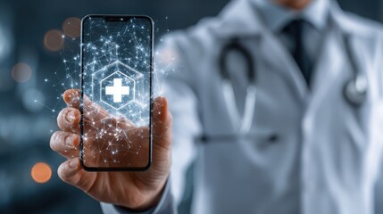 A healthcare professional holds a smartphone displaying a digital medical cross, symbolizing technology in modern healthcare.
