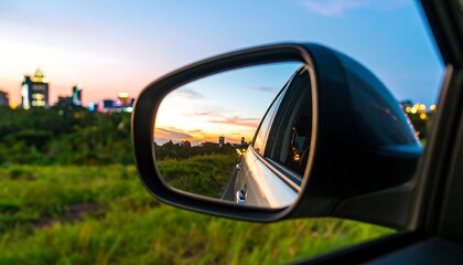 A view of a sunset over a city reflected in a car's side mirror, showcasing a tranquil road scene.