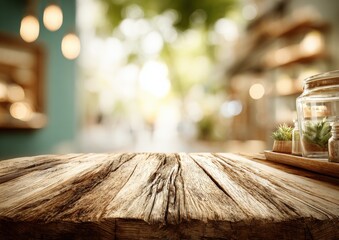 Rustic Wooden Tabletop with Blurred Cafe Background, Perfect for Product Mockups and Food Photography