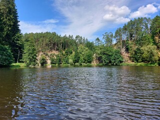 Obraz premium Wide river Schwarzer Regen with rippling surface and forested cliffs on far bank under summer sky in Bavaria