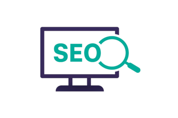 Computer screen displaying the word seo with a magnifying glass symbol isolated on transparent background