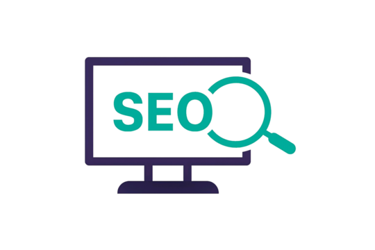 Computer screen displaying the word seo with a magnifying glass symbol isolated on transparent background