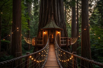 Fototapeta premium Magical Wooden Treehouse with Rope Bridge and String Lights in Forest