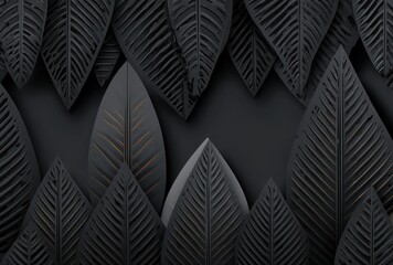 Abstract close-up of intricately carved, dark leaves arranged against a dark background with subtle hints of gold