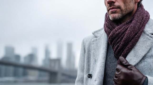 Stylish man in gray coat and scarf standing outdoors in city on cold day, winter fashion with leather gloves and urban background with copy space.