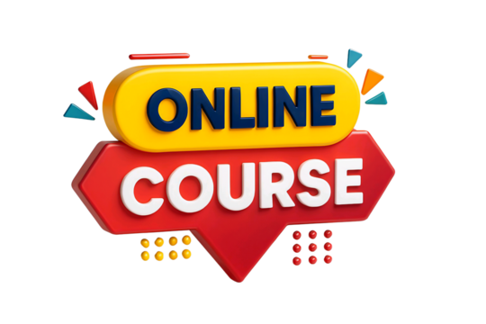 3d rendering of the words online course in a bright yellow and red sign with confetti isolated on transparent background