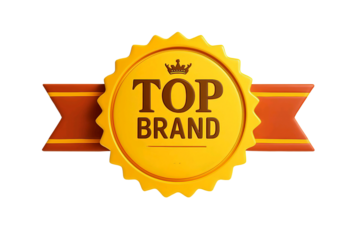 Golden starburst award badge with top brand text and crown emblem isolated on transparent background