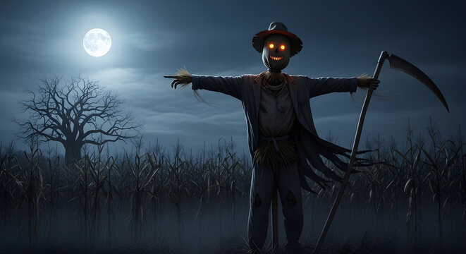 Spooky scarecrow with glowing eyes in a moonlit cornfield holding a scythe, evoking a sense of mystery and Halloween dread