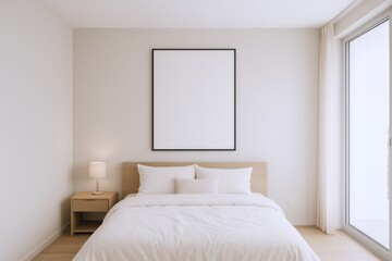 Modern Bedroom Interior with Blank Frame Mockup Above Bed for Art or Design
