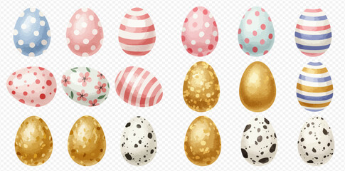Collection of eighteen decorated Easter eggs with various patterns and colors on a transparent background.