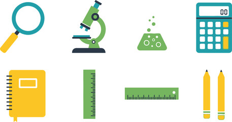 Flat of School Supplies such as Calculator, Microscope and Pencils