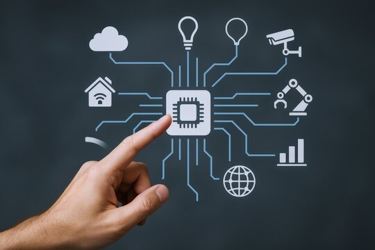 Smart Home Automation: Hand Interacting with Central Processing Unit for Connected Devices Concept