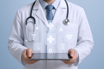 Medical Professional Holding Tablet Displaying Healthcare Icons, Representing Telemedicine, Digital Health Solutions, and Modern Patient Care