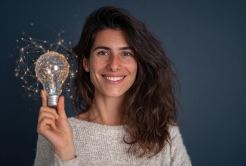 Naklejka premium Smiling woman holding a glowing bulb with a connected network of points against a dark blue background, radiating an aura of innovation