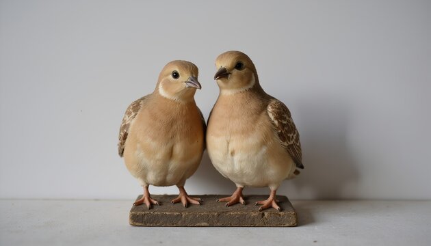 A pair of Gorlovka as a gift with a peaceful mood sit together on a wooden stand on a white background with space for text