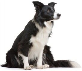 Fototapeta premium Seated Border Collie in profile, gazing right with bright eyes. Its black and white fur is soft and flowing against a pure white background