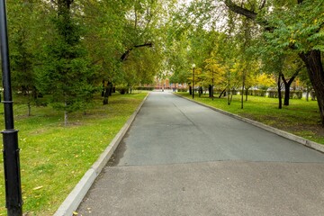 Quiet pathway in a park with green trees and autumn leaves during a cloudy day