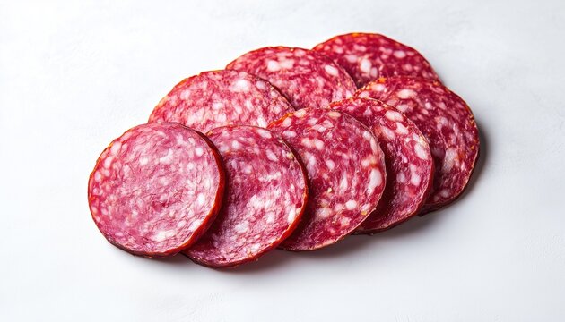 Top View Of Thinly Sliced Italian Dry Salame Sausage On White Background: A Delightfully Thin And Savory Delicacy Displayed.