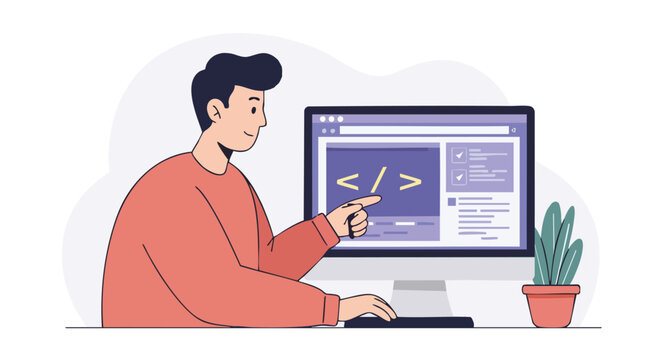 Male software engineer pointing at code on a computer monitor while working at his desk.