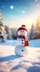 Obraz premium Snowman in snowy landscape, winter scene