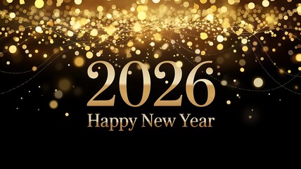 Golden 2026 happy new year text with sparkling bokeh lights on a dark background celebrating the upcoming year