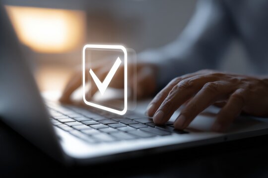 Online Form Submission: Man Completes Digital Checklist on Laptop with Glowing Tick Icon