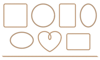 Set of rope frames on white background. Different frames made from marine ropes. Rope borders in nautical style.
