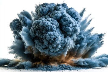 Ethereal blue and gray cloud of swirling smoke rising on a white background, resembling a soft, billowing explosion with a hint of golden undertones