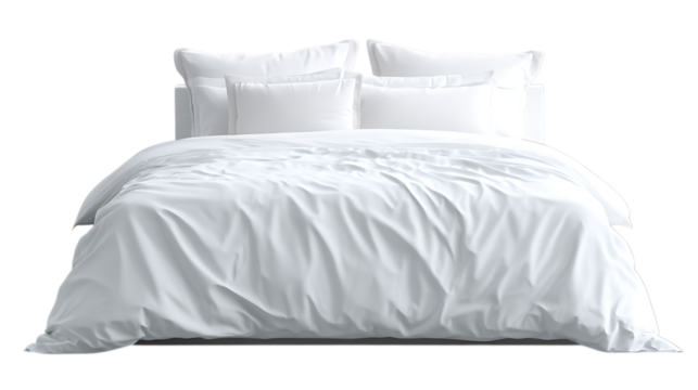 white bed with pillows and white bedding, isolated on white background. 