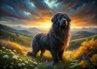 Majestic Black Bulgarian Sheepdog in Dramatic Mountain Landscape - Stunning Nature Photography