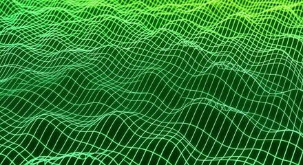 A green and yellow wireframe landscape with undulating waves against a dark background rendering design