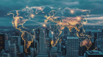 Global connections and city lights merge in a digital overlay representing the interconnectedness of the modern world